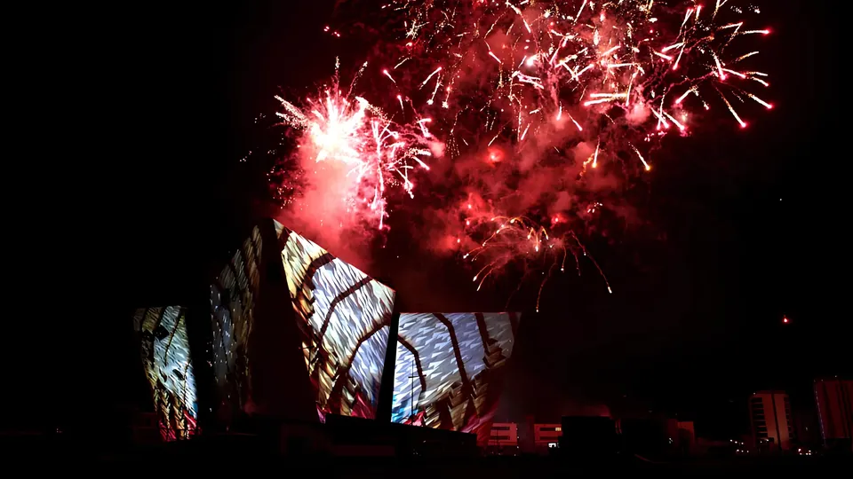 Fireworks over Titanic Belfast during the centenary show